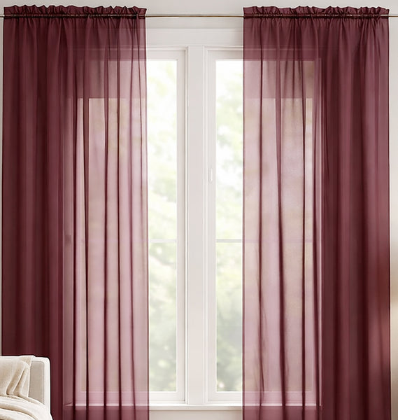 Burgundy Sheer Window Rod Pocket Curtain Set 90" Inches Long (2 Panels)