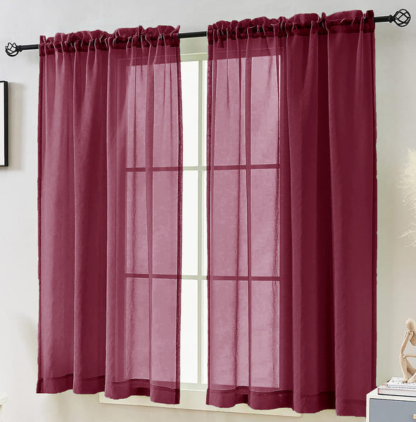 63" Inches Long - Burgundy Sheer Window Rod Pocket Curtain Set (2 Panels)