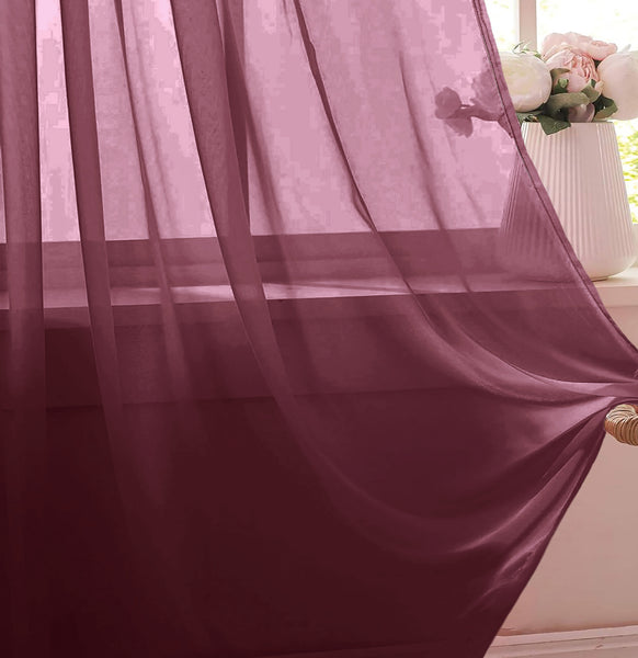 63" Inches Long - Burgundy Sheer Window Rod Pocket Curtain Set (2 Panels)