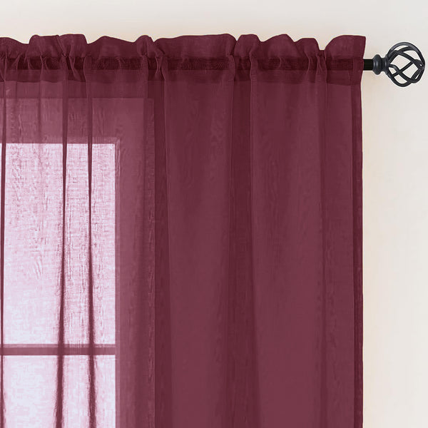 63" Inches Long - Burgundy Sheer Window Rod Pocket Curtain Set (2 Panels)
