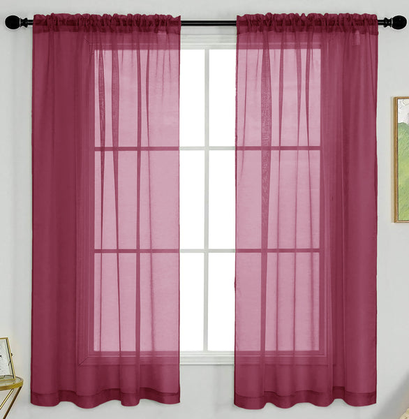 63" Inches Long - Burgundy Sheer Window Rod Pocket Curtain Set (2 Panels)