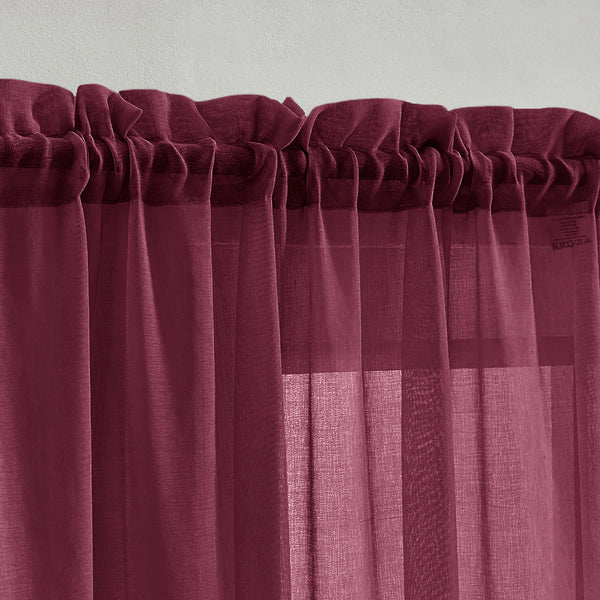 63" Inches Long - Burgundy Sheer Window Rod Pocket Curtain Set (2 Panels)