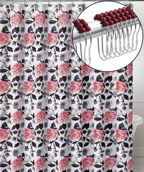 72" x 72" - Pink Black Floral Fabric Textured Glam luxury Shower Curtain With 12 Metal Roller Ball Hooks