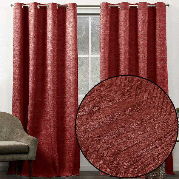 108" Long - 2 Piece Burgundy Solid Silky Geometric Embossed Blackout Grommet Window Curtain Panel Set