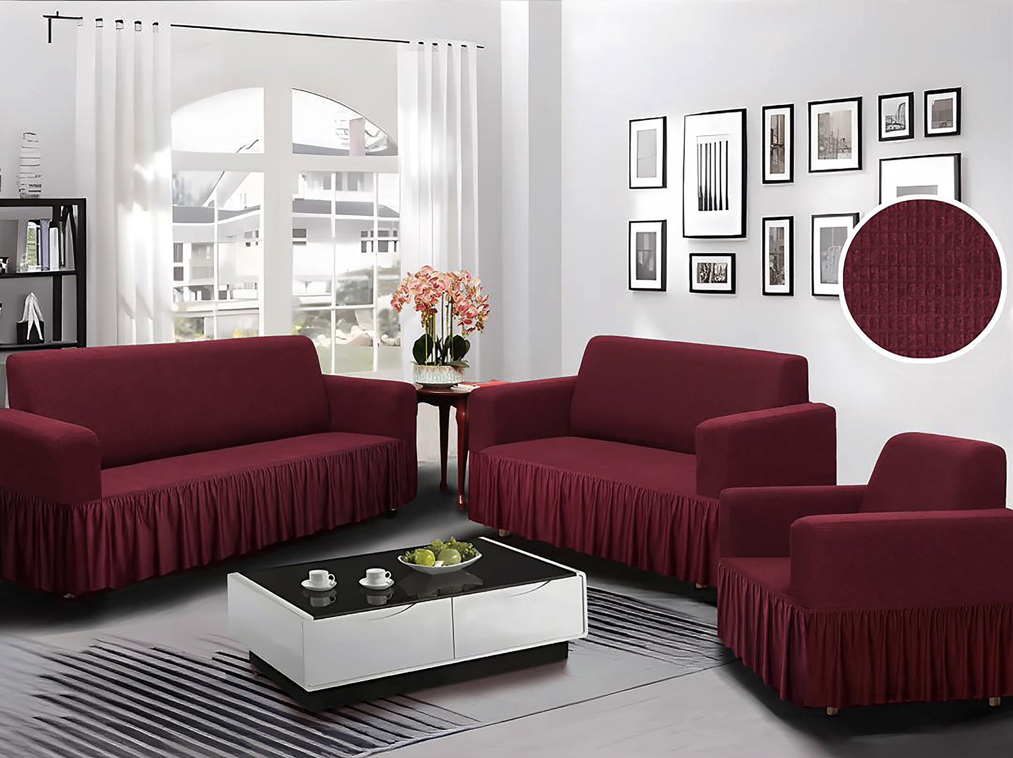 Burgundy 3-Piece Set 4-Way Stretch Ruffled Skirt Slipcover Sofa Loveseat & Armchair Cover Protector