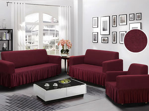 Burgundy 3-Piece Set 4-Way Stretch Ruffled Skirt Slipcover Sofa Loveseat & Armchair Cover Protector