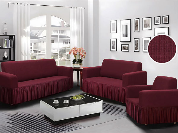 Burgundy 3-Piece Set 4-Way Stretch Ruffled Skirt Slipcover Sofa Loveseat & Armchair Cover Protector