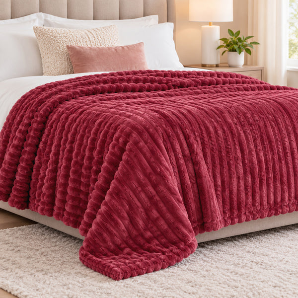 King Size Burgundy Red Ultra Soft Cozy Textured Fluffy Plush Ribbed Faux Fur Bed Blanket