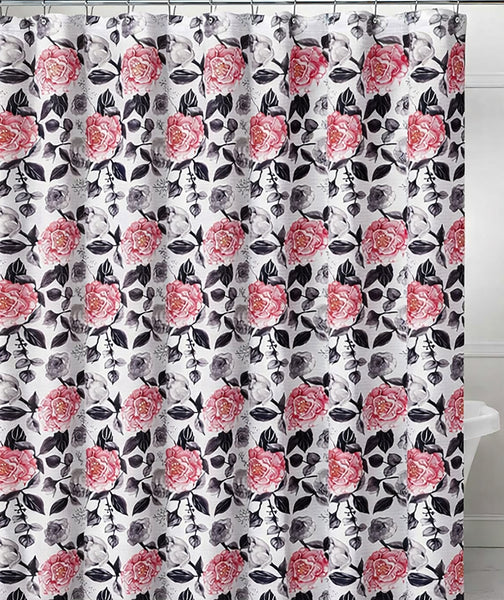 72" x 72" - Pink Black Floral Fabric Textured Glam luxury Shower Curtain With 12 Metal Roller Ball Hooks