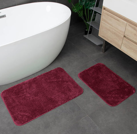 Large 2 Piece Burgundy Microfiber Soft Thick Plush Bath Mat Set