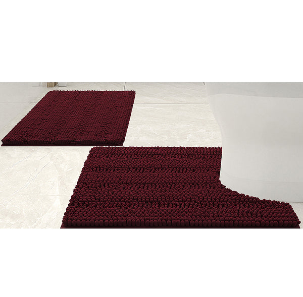 2 Piece Burgundy Soft Cozy Plush Chenille Bath Mat & Contour Bath Rug
