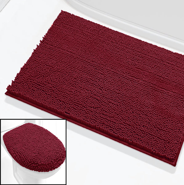 2 Piece Set Burgundy Soft Cozy Plush Chenille Bath Mat Bathroom Rug & Toilet Seat Cover