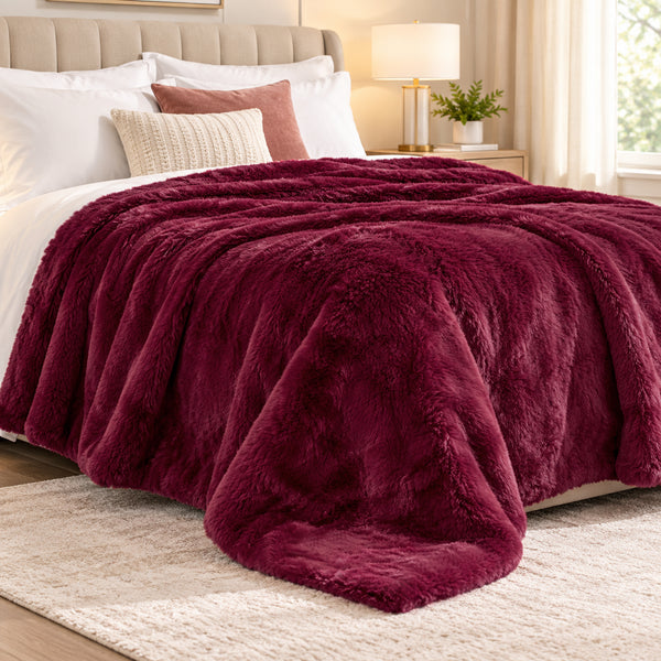 King Size Burgundy Ultra Soft Plush Fluffy Luxury Cozy Warm Fuzzy Faux Rabbit Fur Bed Blanket