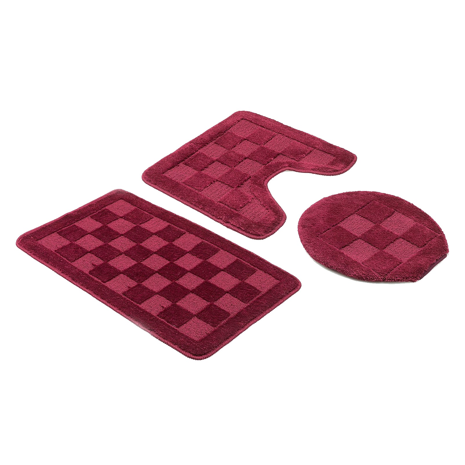 Burgundy Bath Set 3 Piece Anti-Slip Checkered Bathroom Mat, Large Contour Mat & Toilet Seat Lid Cover