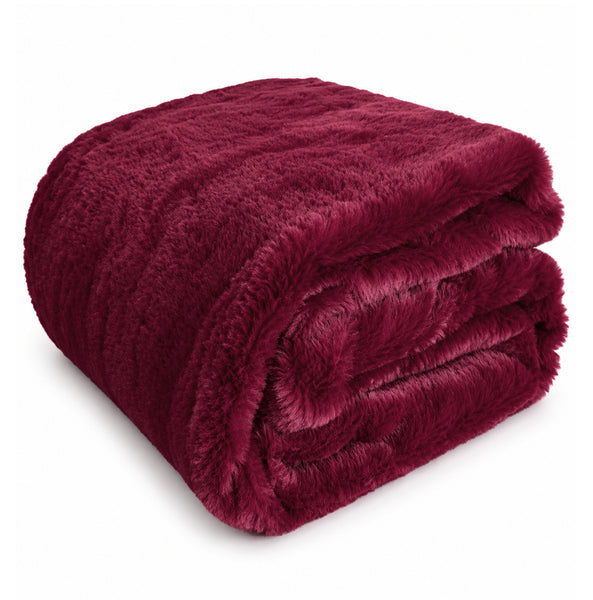 King Size Burgundy Ultra Soft Plush Fluffy Luxury Cozy Warm Fuzzy Faux Rabbit Fur Bed Blanket