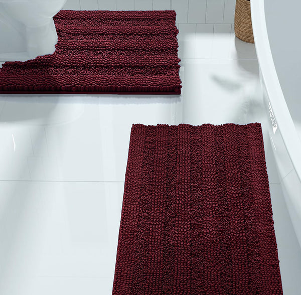 2 Piece Burgundy Soft Cozy Plush Chenille Bath Mat & Contour Bath Rug