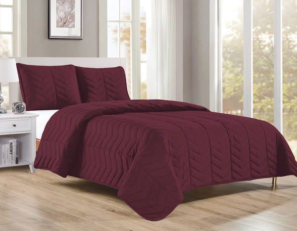 Burgundy 3 Piece Modern Geometric Solid Soft Plush Cozy Bedspread Quilt Set