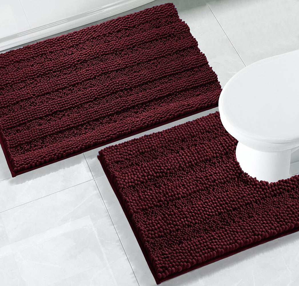 2 Piece Burgundy Soft Cozy Plush Chenille Bath Mat & Contour Bath Rug