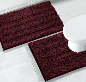 2 Piece Burgundy Soft Cozy Plush Chenille Bath Mat & Contour Bath Rug
