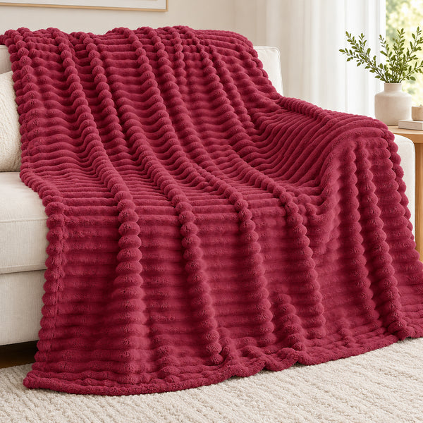 King Size Burgundy Red Ultra Soft Cozy Textured Fluffy Plush Ribbed Faux Fur Bed Blanket