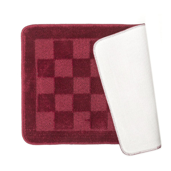 Burgundy Bath Set 3 Piece Anti-Slip Checkered Bathroom Mat, Large Contour Mat & Toilet Seat Lid Cover