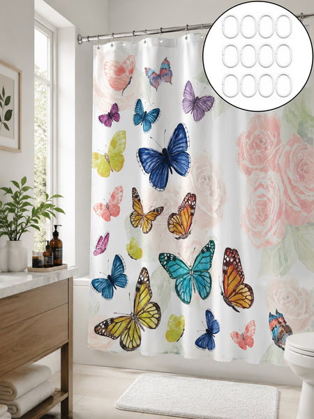 Butterfly & Floral Fabric Shower Curtain 71" x 71" with 12 Plastic Shower Rings – Colorful Watercolor Flower Design, Decorative Bathroom Curtain
