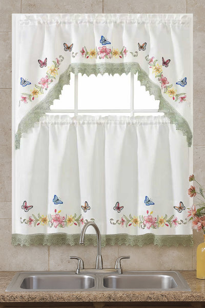 Grey Ivory Floral Embroidery Kitchen Curtain 3PC Set Swag & Tiers Set