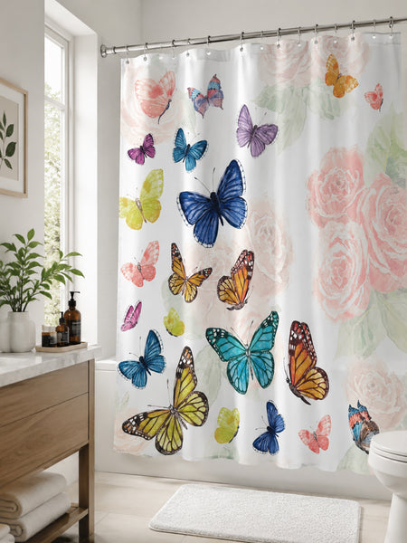 Butterfly & Floral Fabric Shower Curtain 71" x 71" with 12 Plastic Shower Rings – Colorful Watercolor Flower Design, Decorative Bathroom Curtain