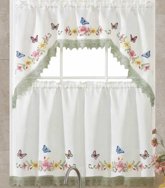 Grey Ivory Floral Embroidery Kitchen Curtain 3PC Set Swag & Tiers Set