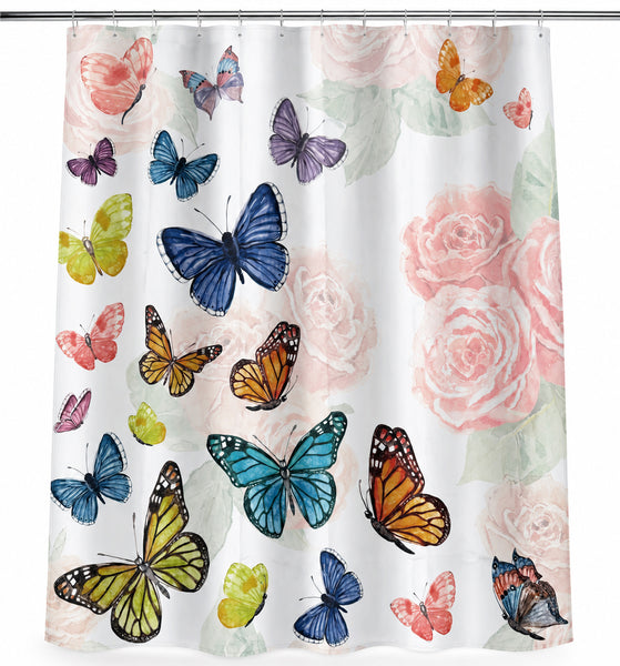 Butterfly & Floral Fabric Shower Curtain 71" x 71" with 12 Plastic Shower Rings – Colorful Watercolor Flower Design, Decorative Bathroom Curtain