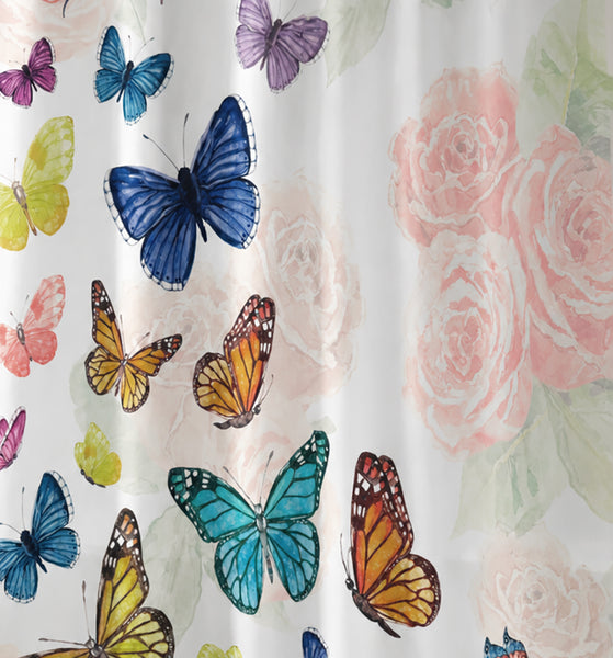 Butterfly & Floral Fabric Shower Curtain 71" x 71" with 12 Plastic Shower Rings – Colorful Watercolor Flower Design, Decorative Bathroom Curtain