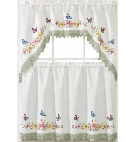 Grey Ivory Floral Embroidery Kitchen Curtain 3PC Set Swag & Tiers Set