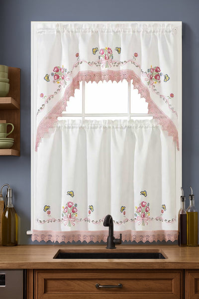 White Pink Bitterly Embroidery Kitchen Curtain 3PC Set Swag & Tiers Set