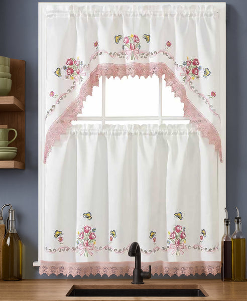 White Pink Bitterly Embroidery Kitchen Curtain 3PC Set Swag & Tiers Set