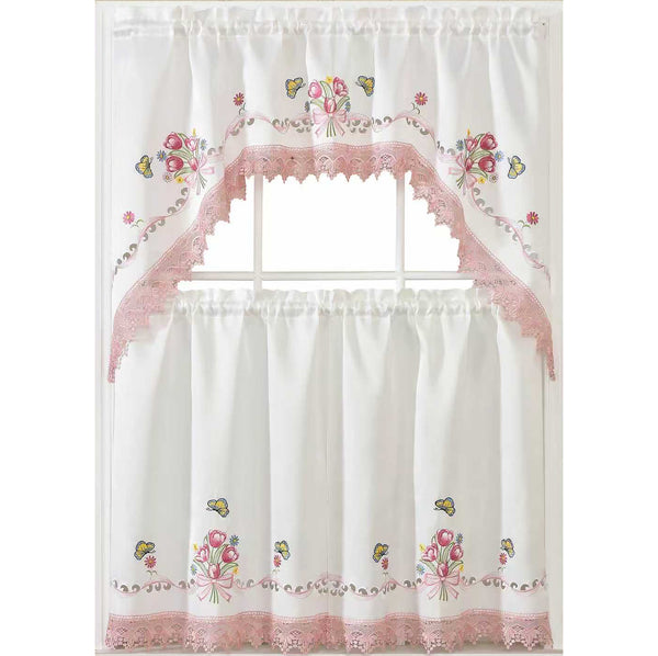 White Pink Bitterly Embroidery Kitchen Curtain 3PC Set Swag & Tiers Set
