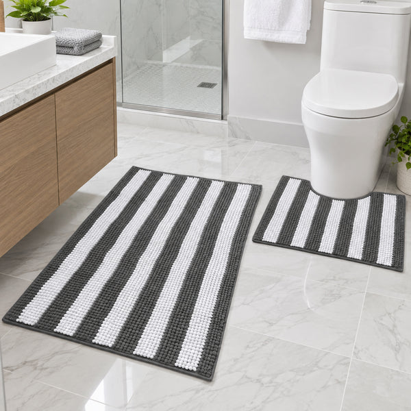 2-Piece Chenille Grey & White Striped Bath Mat Set with Contour Toilet Rug – Soft Absorbent Bathroom Rugs