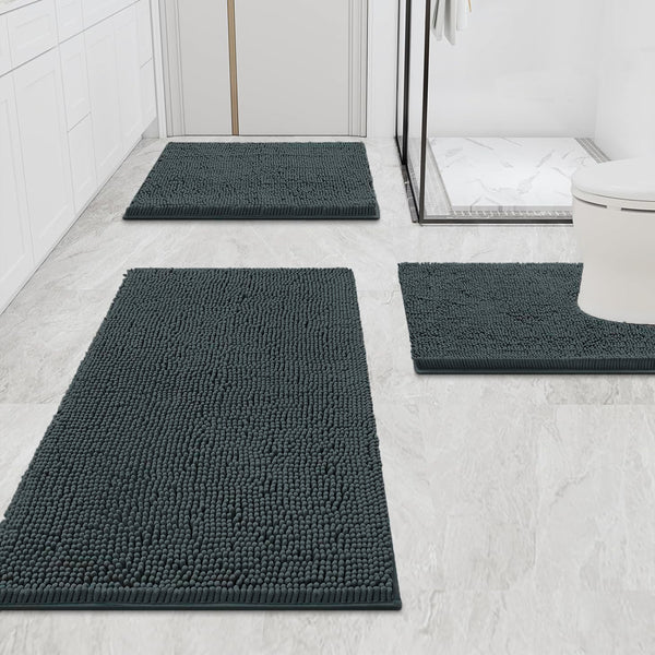 3 Piece Set Charcoal Grey Soft Cozy Plush Chenille Bath Mat Highly Absorbent Bathroom Rug