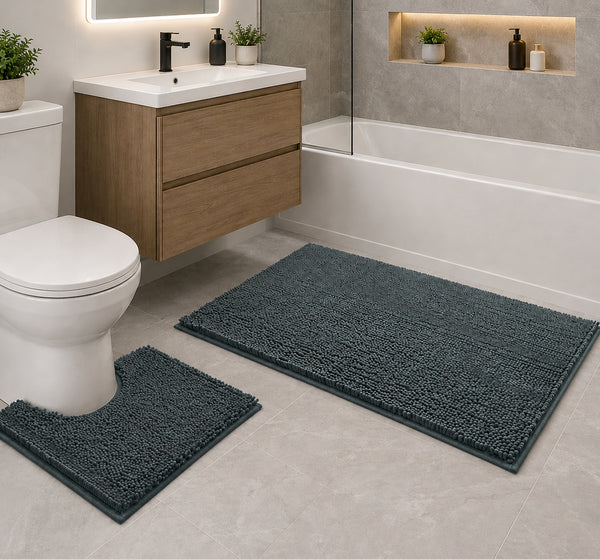 Extra Large 2 Piece Set Charcoal Grey Soft Cozy Plush Chenille Bath Mat Bathroom Rug