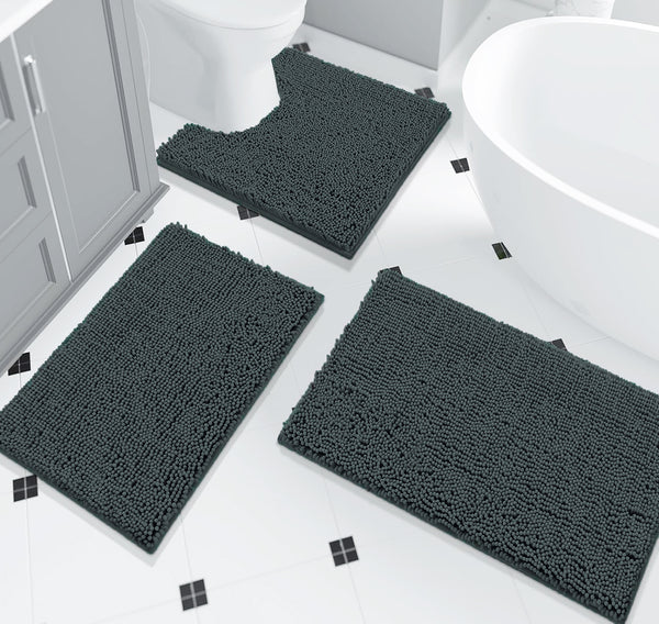 3 Piece Set Charcoal Grey Soft Cozy Plush Chenille Bath Mat Highly Absorbent Bathroom Rug