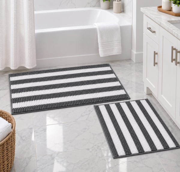 2-Piece Grey & White Striped Chenille Bath Mat Rug Set – Soft Absorbent Bathroom Rugs