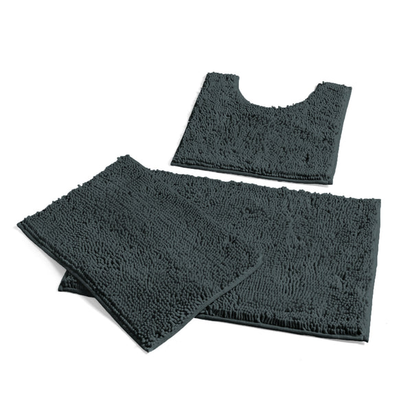 3 Piece Set Charcoal Grey Soft Cozy Plush Chenille Bath Mat Highly Absorbent Bathroom Rug
