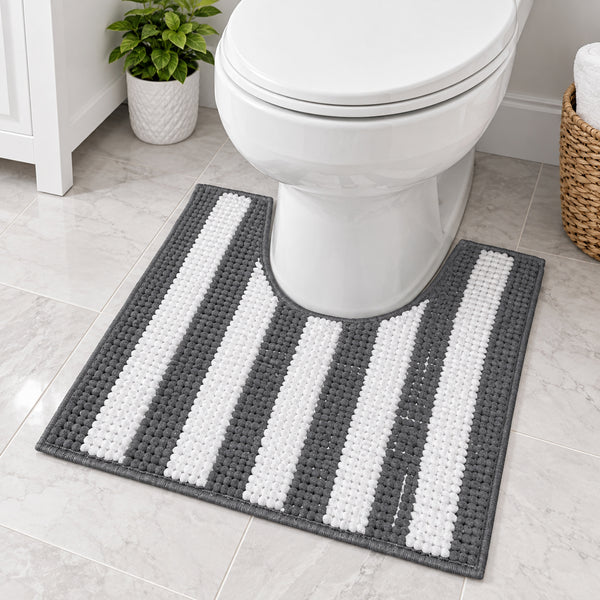 Grey & White Chenille Striped Contour Toilet Bath Mat – Soft Absorbent Bathroom Rug