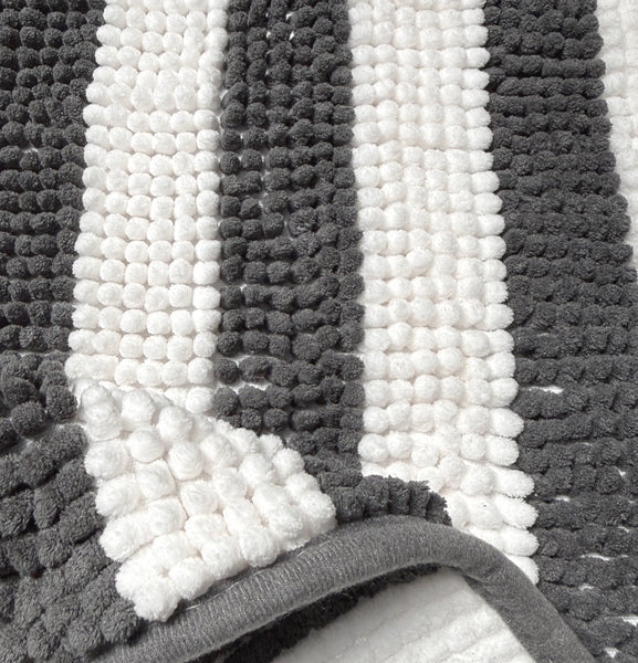 2-Piece Grey & White Striped Chenille Bath Mat Rug Set – Soft Absorbent Bathroom Rugs