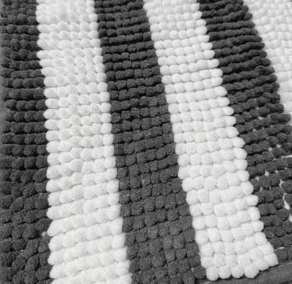 Grey & White Chenille Striped Contour Toilet Bath Mat – Soft Absorbent Bathroom Rug