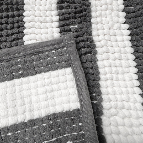 2-Piece Chenille Grey & White Striped Bath Mat Set with Contour Toilet Rug – Soft Absorbent Bathroom Rugs