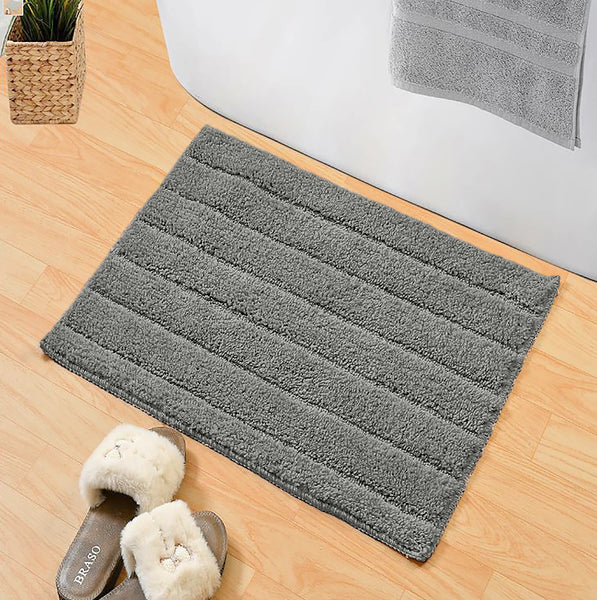 2 Piece Set Soft Plush Thick Charcoal Grey Solid Striped Bathroom Mat