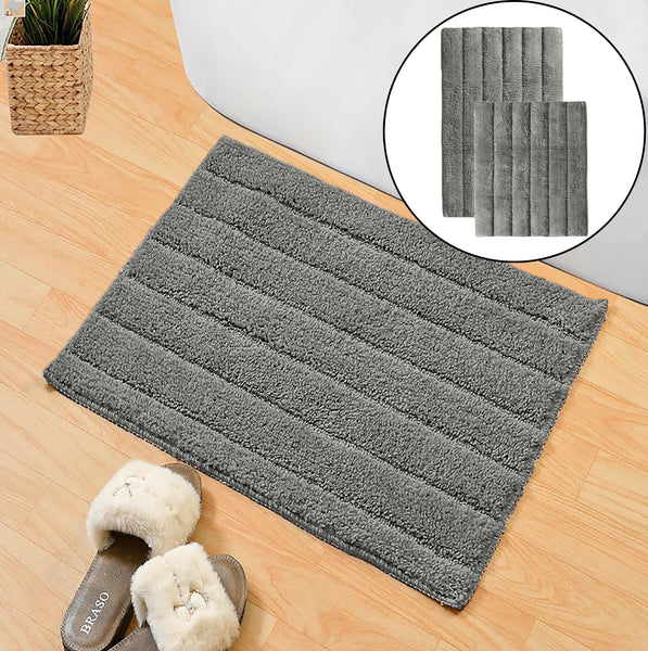 2 Piece Set Soft Plush Thick Charcoal Grey Solid Striped Bathroom Mat