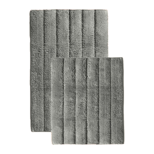 2 Piece Set Soft Plush Thick Charcoal Grey Solid Striped Bathroom Mat