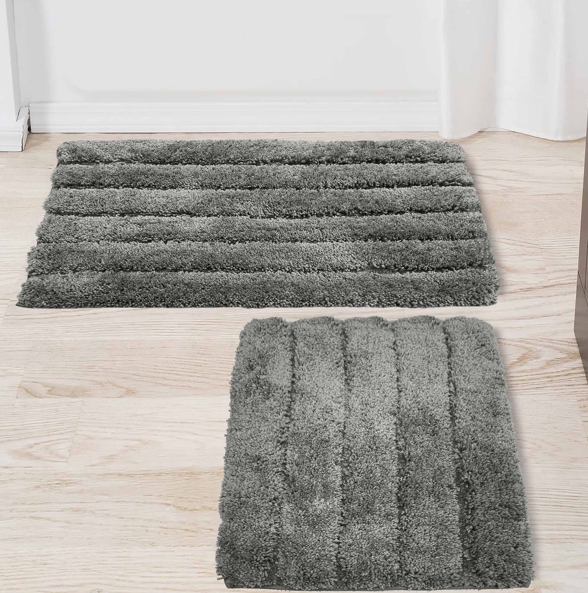 2 Piece Set Soft Plush Thick Charcoal Grey Solid Striped Bathroom Mat