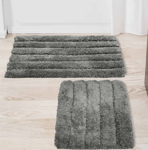 2 Piece Set Soft Plush Thick Charcoal Grey Solid Striped Bathroom Mat